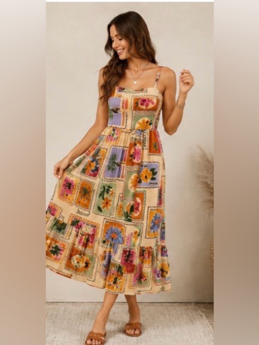 Paper Heart Linen Blend Postcard Print Midi Dress XS NWT